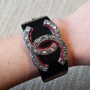 CHANEL Black Narrow Resin CC Logo Cuff Bracelet Red Silver Crystals 17B
